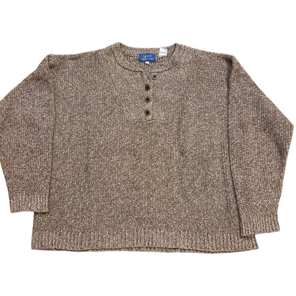 Vintage 90s Tan Marled Cotton Henley Sweater Womens 2X Natural Reflections Japan